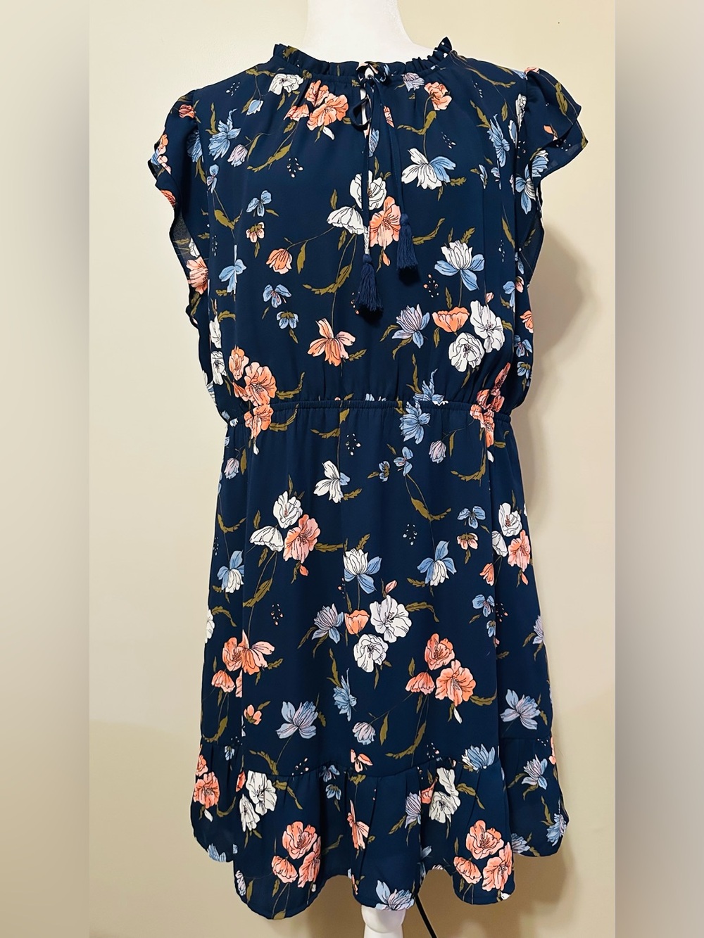 NWT Les Serein Floral Navy Tie-Detail Mini Dress - XXL